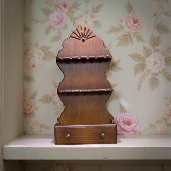 Wooden Wall-Mounted Spoon Rack With Faux Drawer Rustic Farmhouse Colonial - Picture 3 of 4